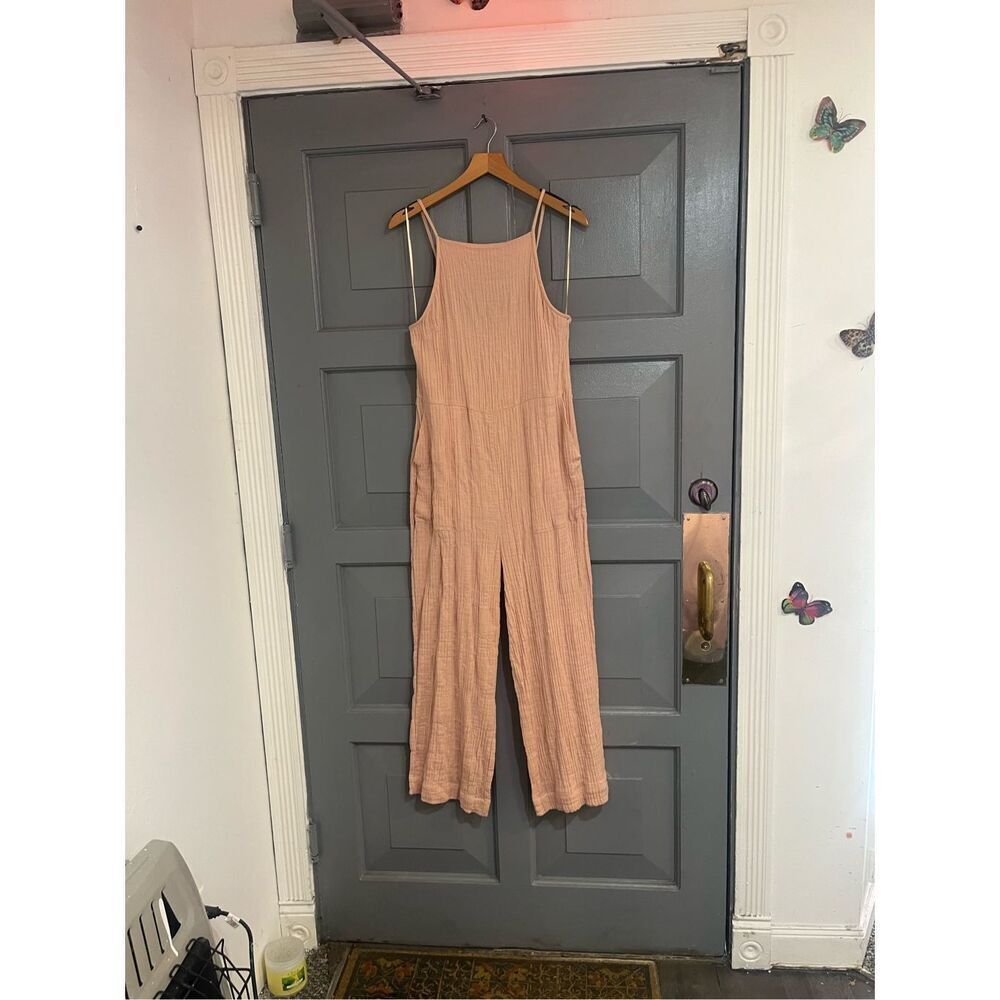 Zara Gauze‎ Cotton Peach Backless Jumpsuit Waist Tie Spaghetti Straps Pockets Sz - Picture 3 of 7
